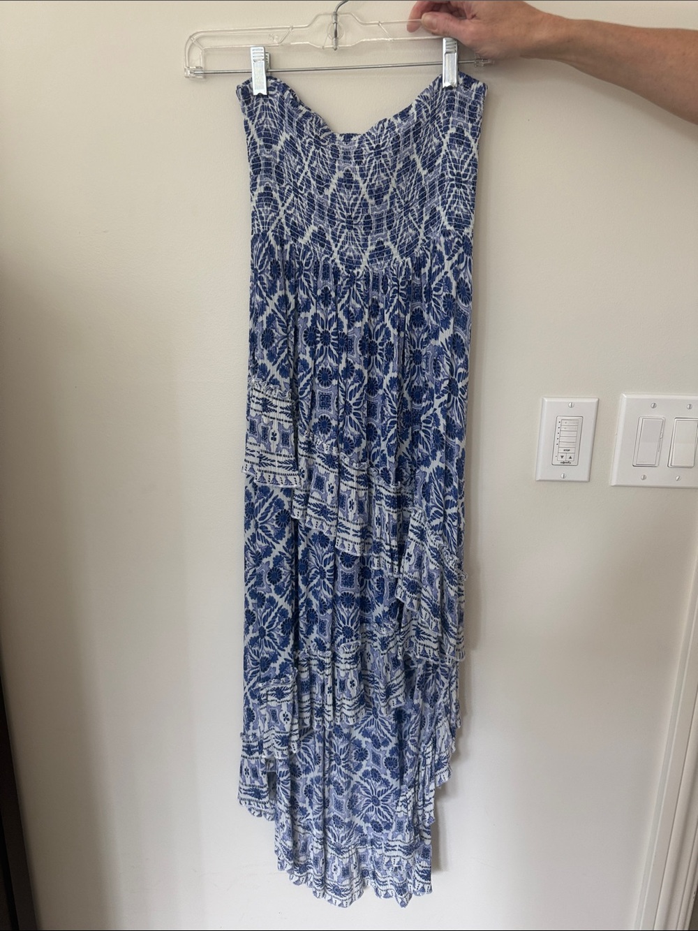 Aqua Blue and White Smocked Strapless Maxi Dress
